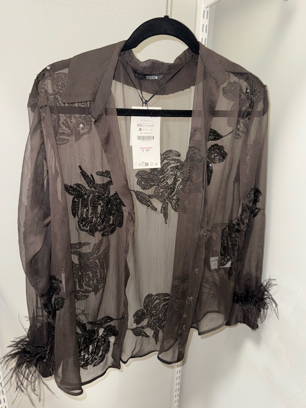 Zara Sheer Embroidered Floral Blouse with Feather Cuffs - Black